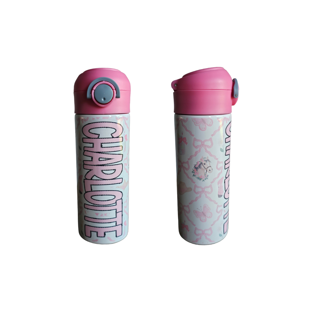 Pink Bows and Horses Personalized Water Bottle - 12 oz Flip Top Water Bottle with Straw