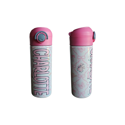 Pink Bows and Horses Personalized Water Bottle - 12 oz Flip Top Water Bottle with Straw