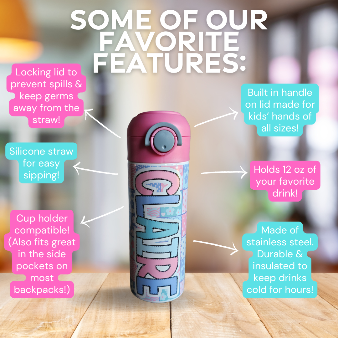 Pink & Purple Patchwork Personalized Water Bottle - 12 oz Flip Top Water Bottle with Straw (Copy)