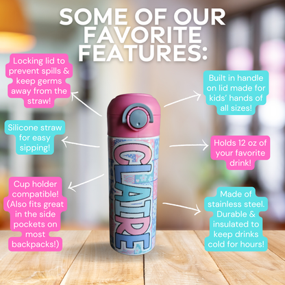 Pink & Purple Patchwork Personalized Water Bottle - 12 oz Flip Top Water Bottle with Straw (Copy)