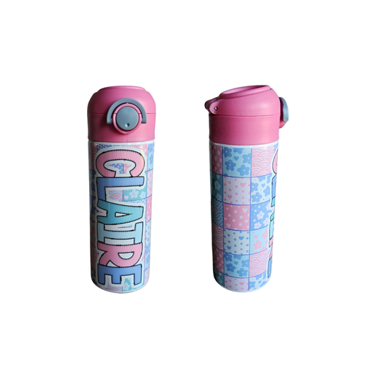 Pink & Purple Patchwork Personalized Water Bottle - 12 oz Flip Top Water Bottle with Straw (Copy)