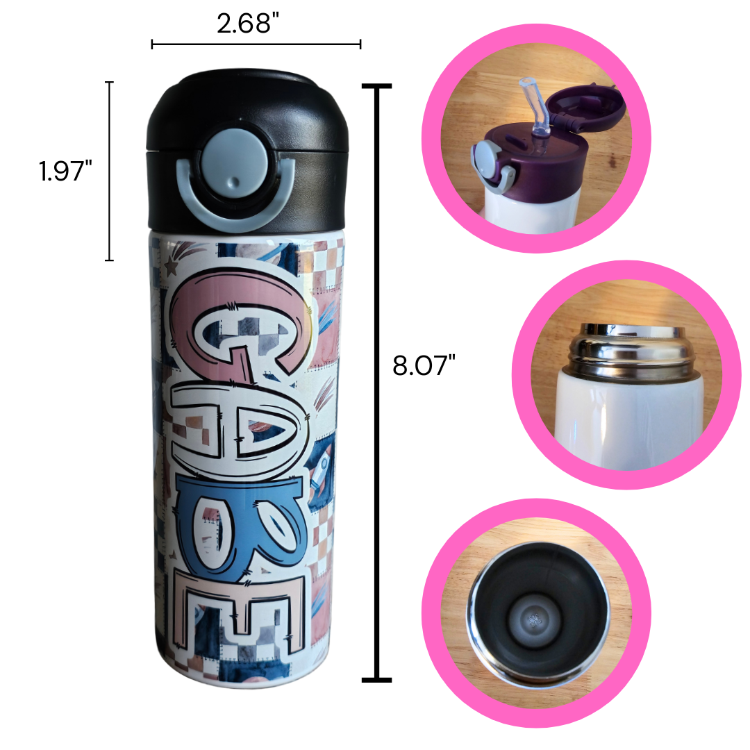 Space Patchwork Personalized Water Bottle - 12 oz Flip Top Water Bottle with Straw