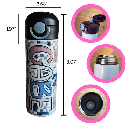 Space Patchwork Personalized Water Bottle - 12 oz Flip Top Water Bottle with Straw