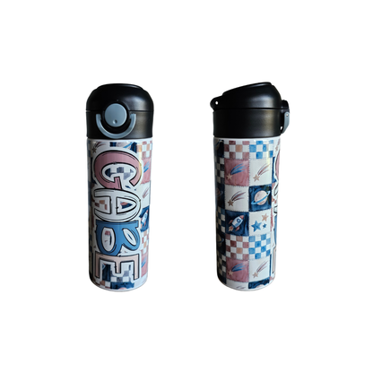 Space Patchwork Personalized Water Bottle - 12 oz Flip Top Water Bottle with Straw