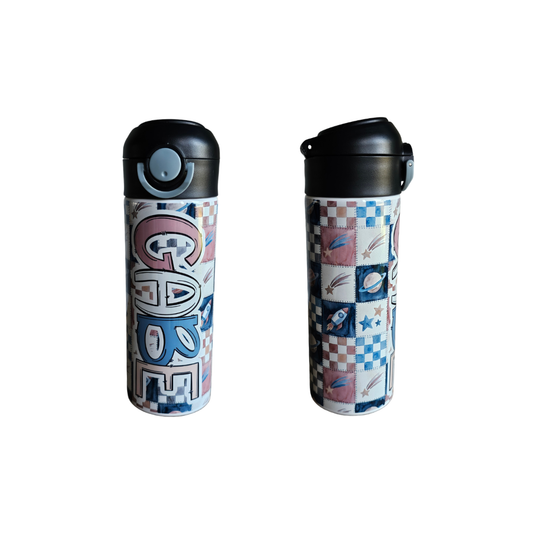 Space Patchwork Personalized Water Bottle - 12 oz Flip Top Water Bottle with Straw