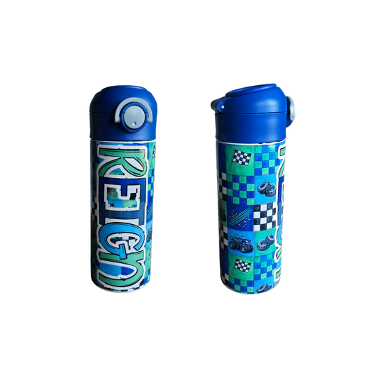 Monster Truck Patchwork Personalized Water Bottle - 12 oz Flip Top Water Bottle with Straw