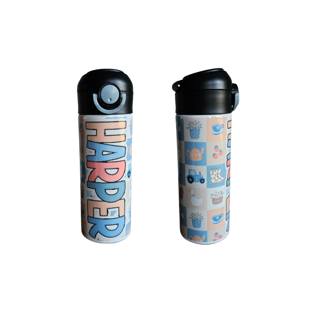 Farm Squares Patchwork Personalized Water Bottle - 12 oz Flip Top Water Bottle with Straw