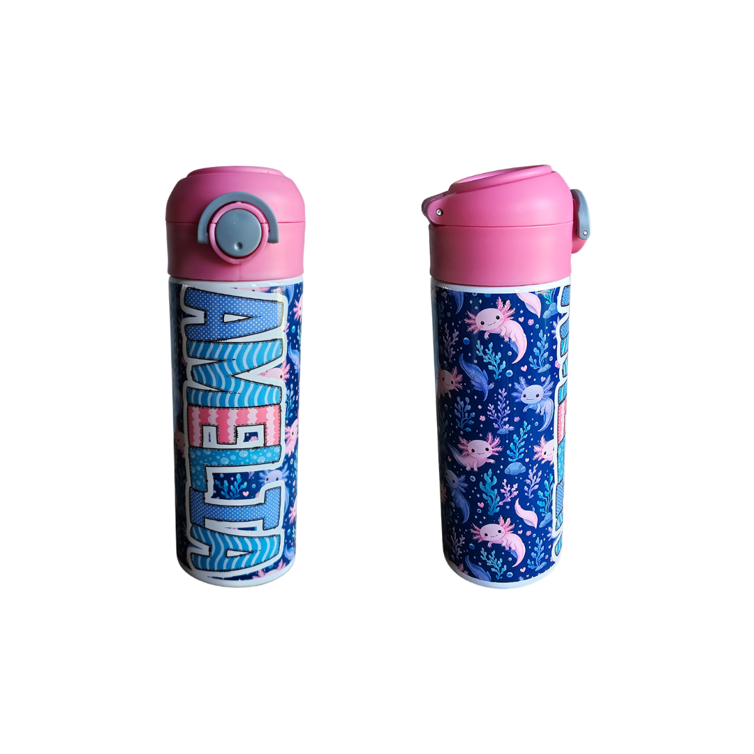 Axolotl Personalized Water Bottle - 12 oz Flip Top Water Bottle with Straw