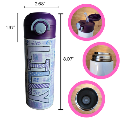 Purple Flower Patchwork Personalized Water Bottle - 12 oz Flip Top Water Bottle with Straw