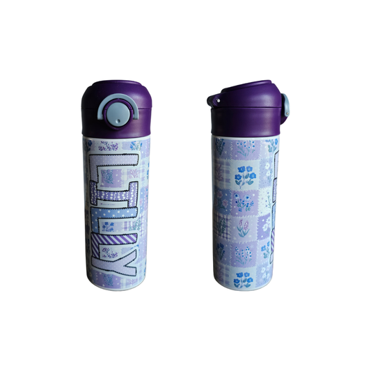 Purple Flower Patchwork Personalized Water Bottle - 12 oz Flip Top Water Bottle with Straw