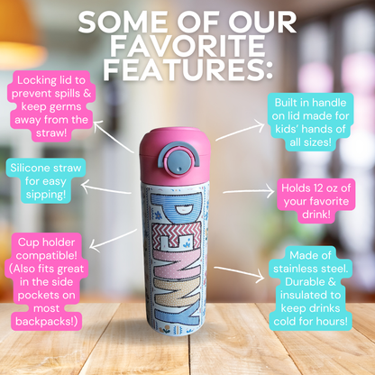 Flower Rows Personalized Water Bottle - 12 oz Flip Top Water Bottle with Straw