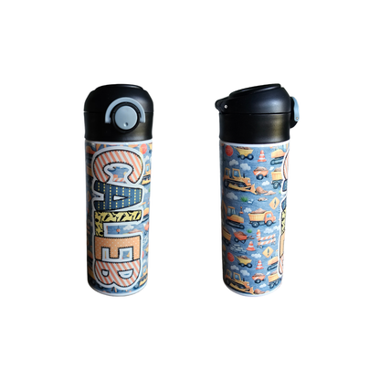 Construction Trucks Personalized Water Bottle - 12 oz Flip Top Water Bottle with Straw