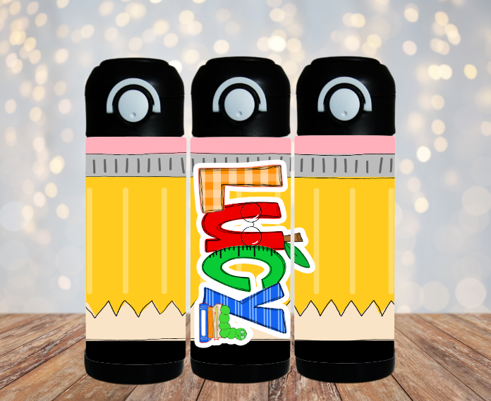 Pencil Themed Personalized 12 oz Flip Top Water Bottle with Straw