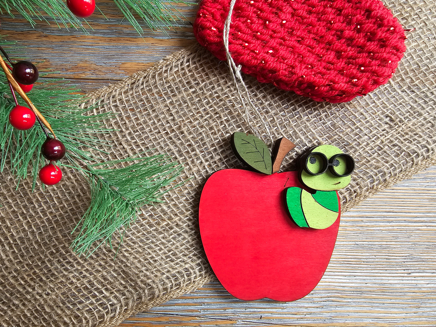 Bookworm Apple Ornament