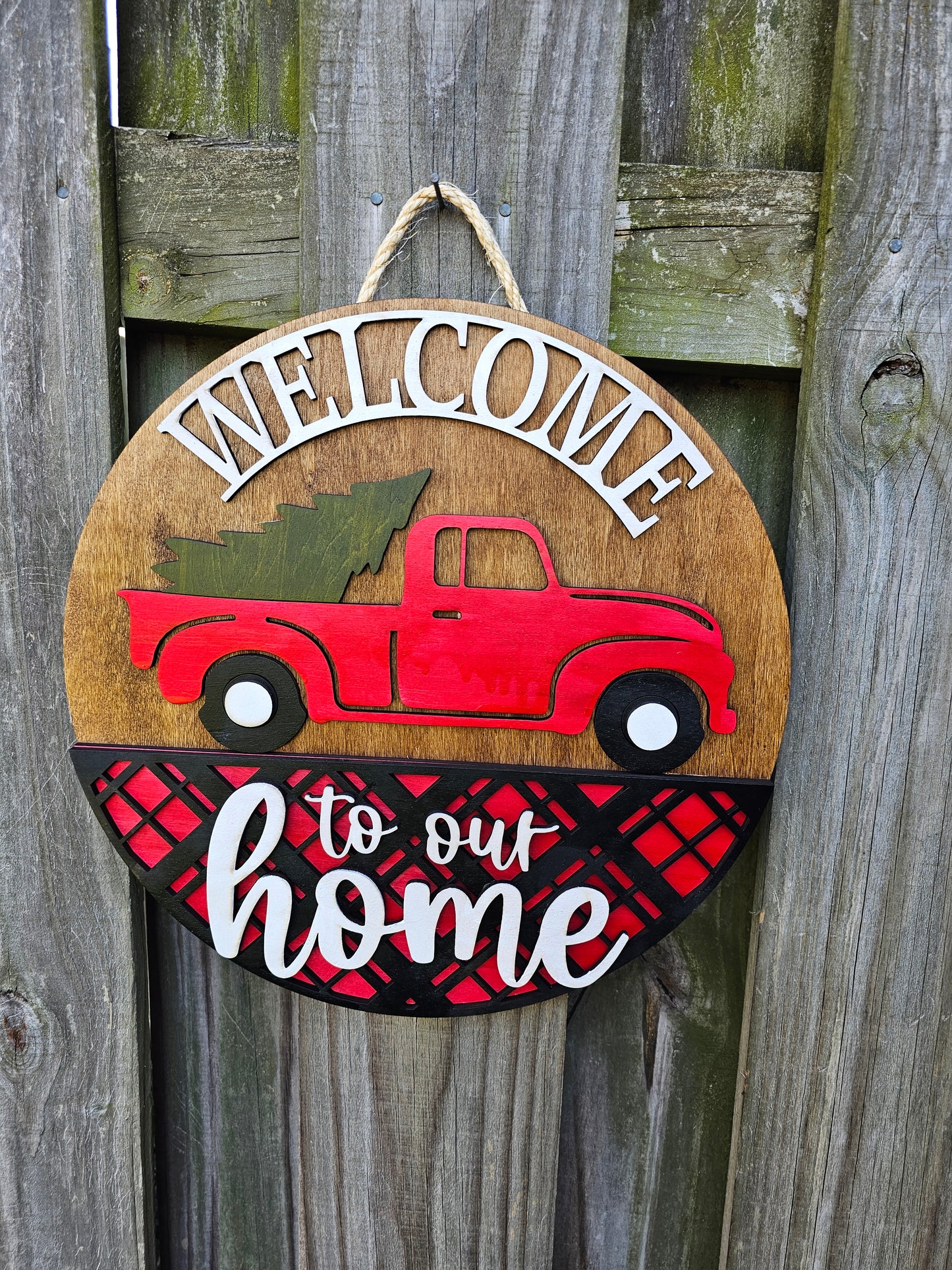 Red Truck Welcome - Wooden Door Hanging Sign