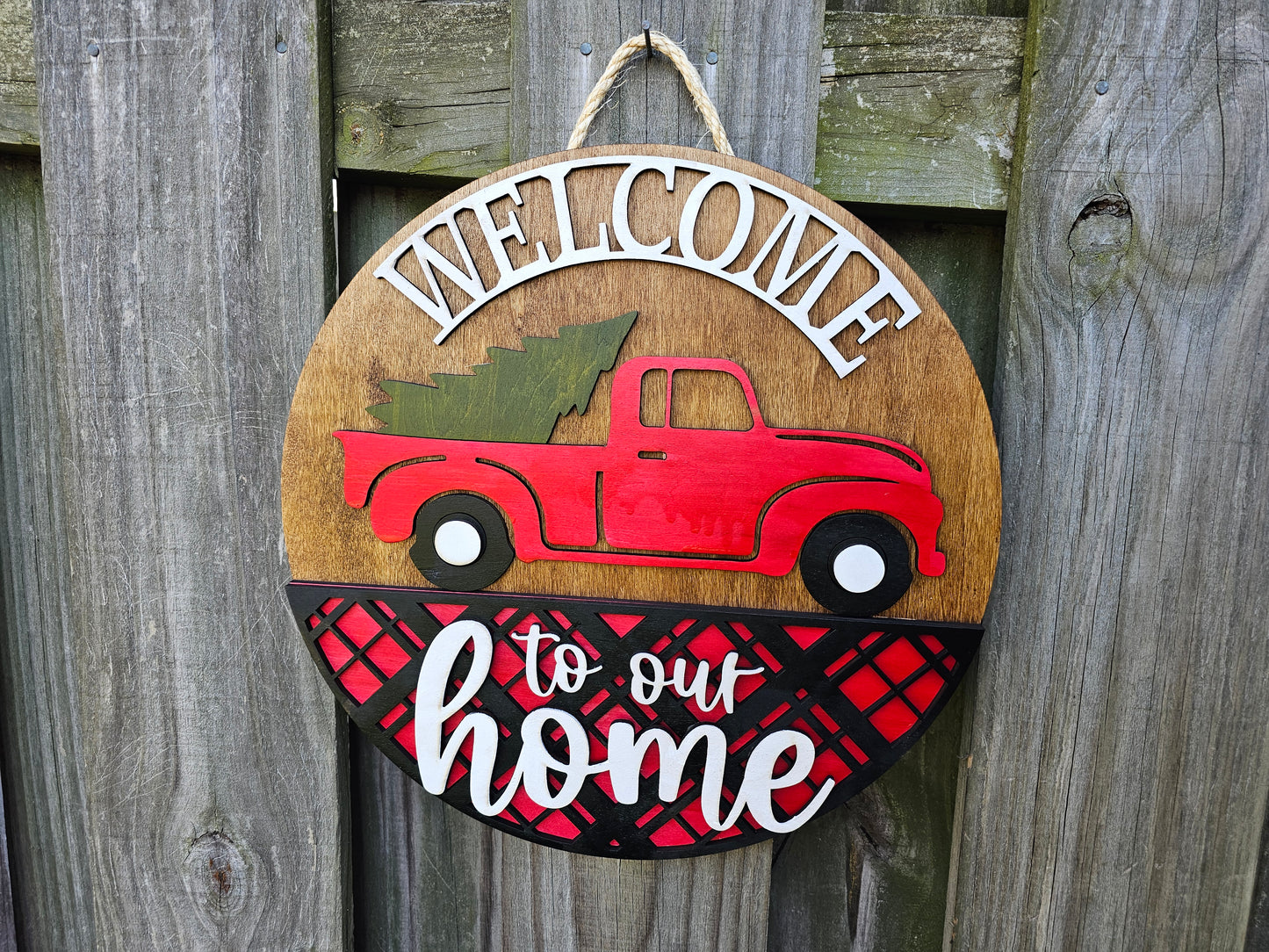 Red Truck Welcome - Wooden Door Hanging Sign