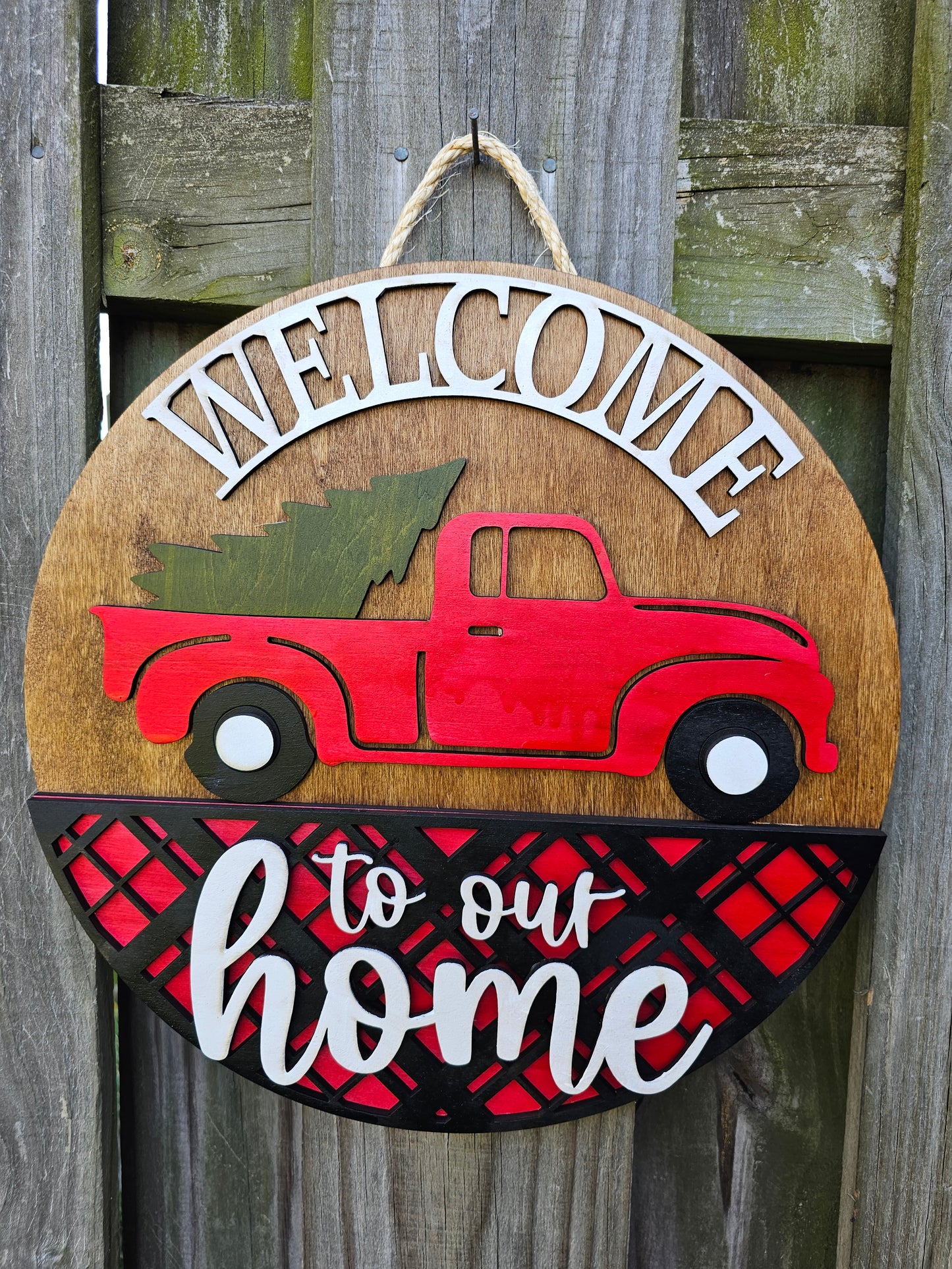 Red Truck Welcome - Wooden Door Hanging Sign