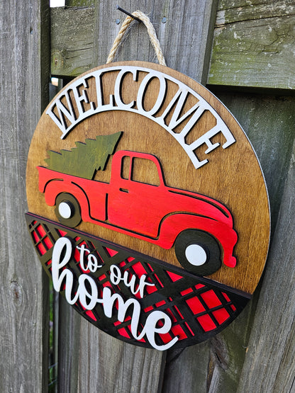 Red Truck Welcome - Wooden Door Hanging Sign