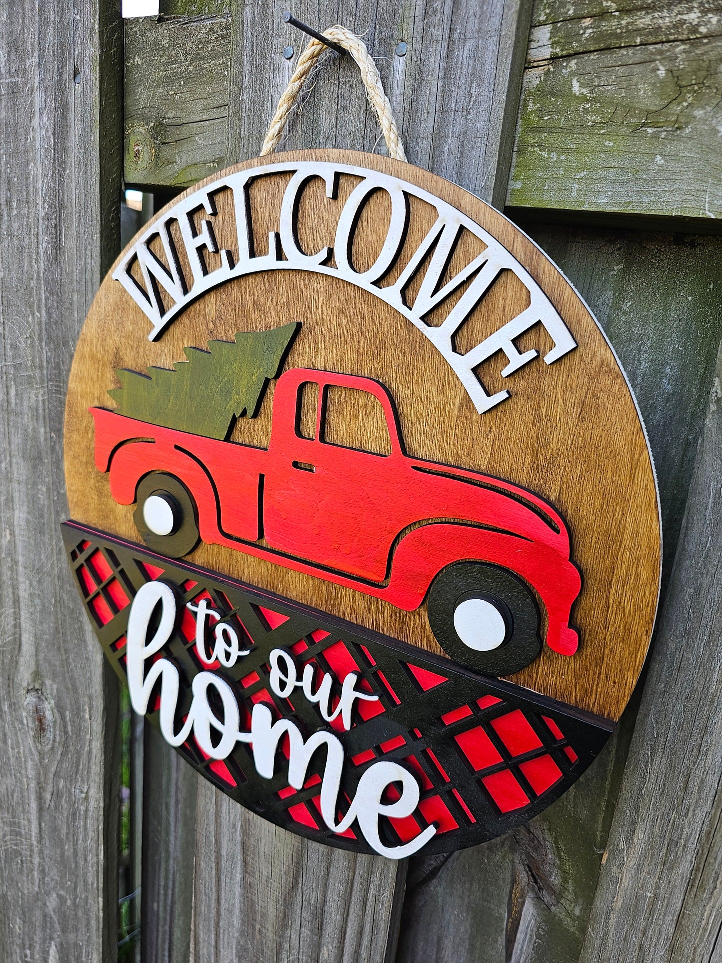 Red Truck Welcome - Wooden Door Hanging Sign