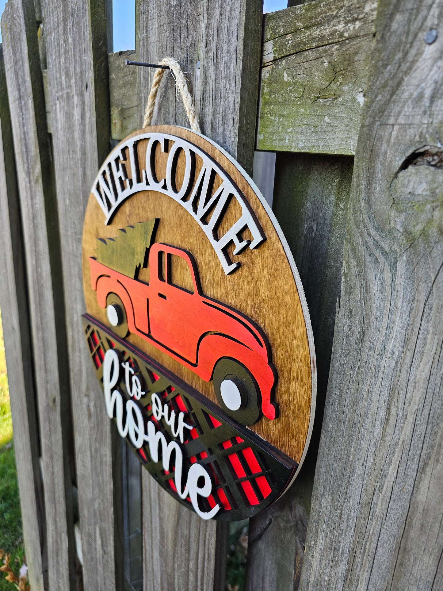 Red Truck Welcome - Wooden Door Hanging Sign