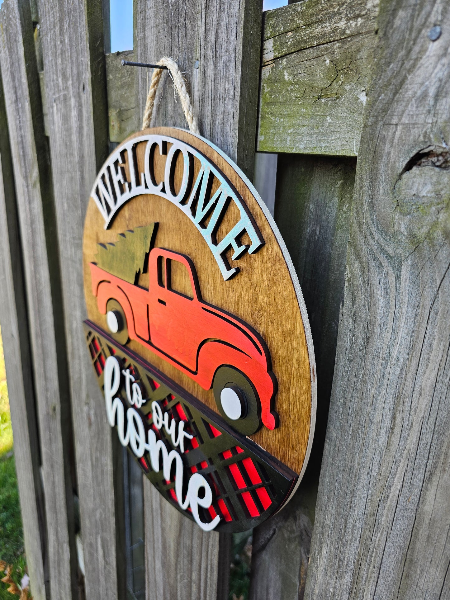 Red Truck Welcome - Wooden Door Hanging Sign