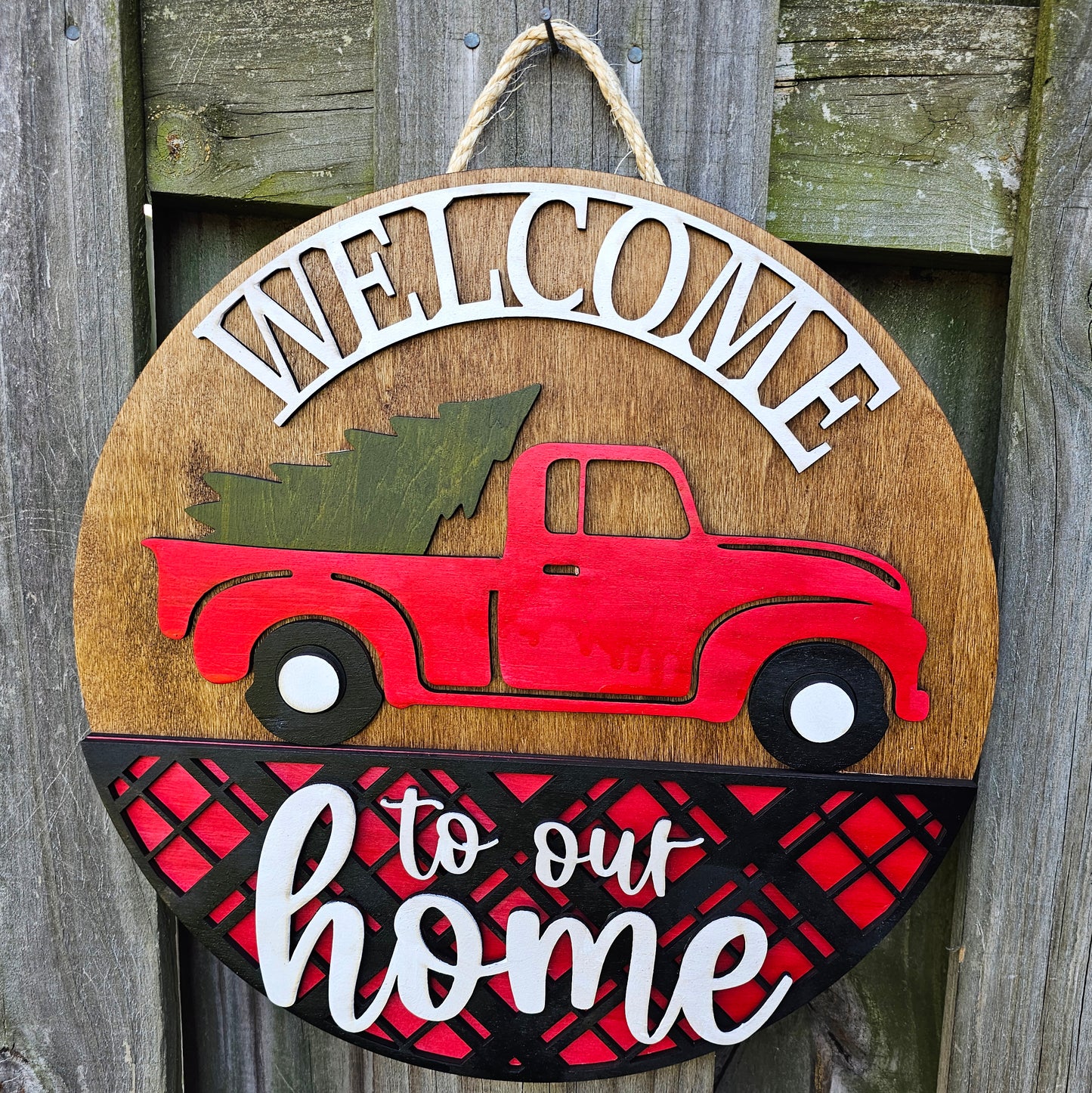 Red Truck Welcome - Wooden Door Hanging Sign