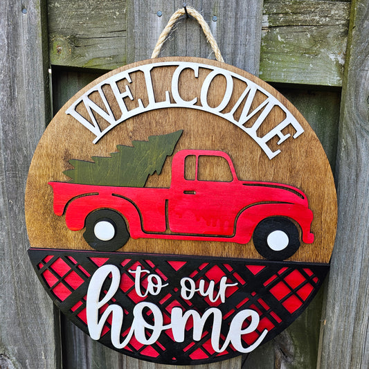 Red Truck Welcome - Wooden Door Hanging Sign
