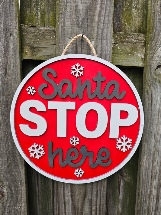 Santa Stops Here Wooden Door Hanging Sign