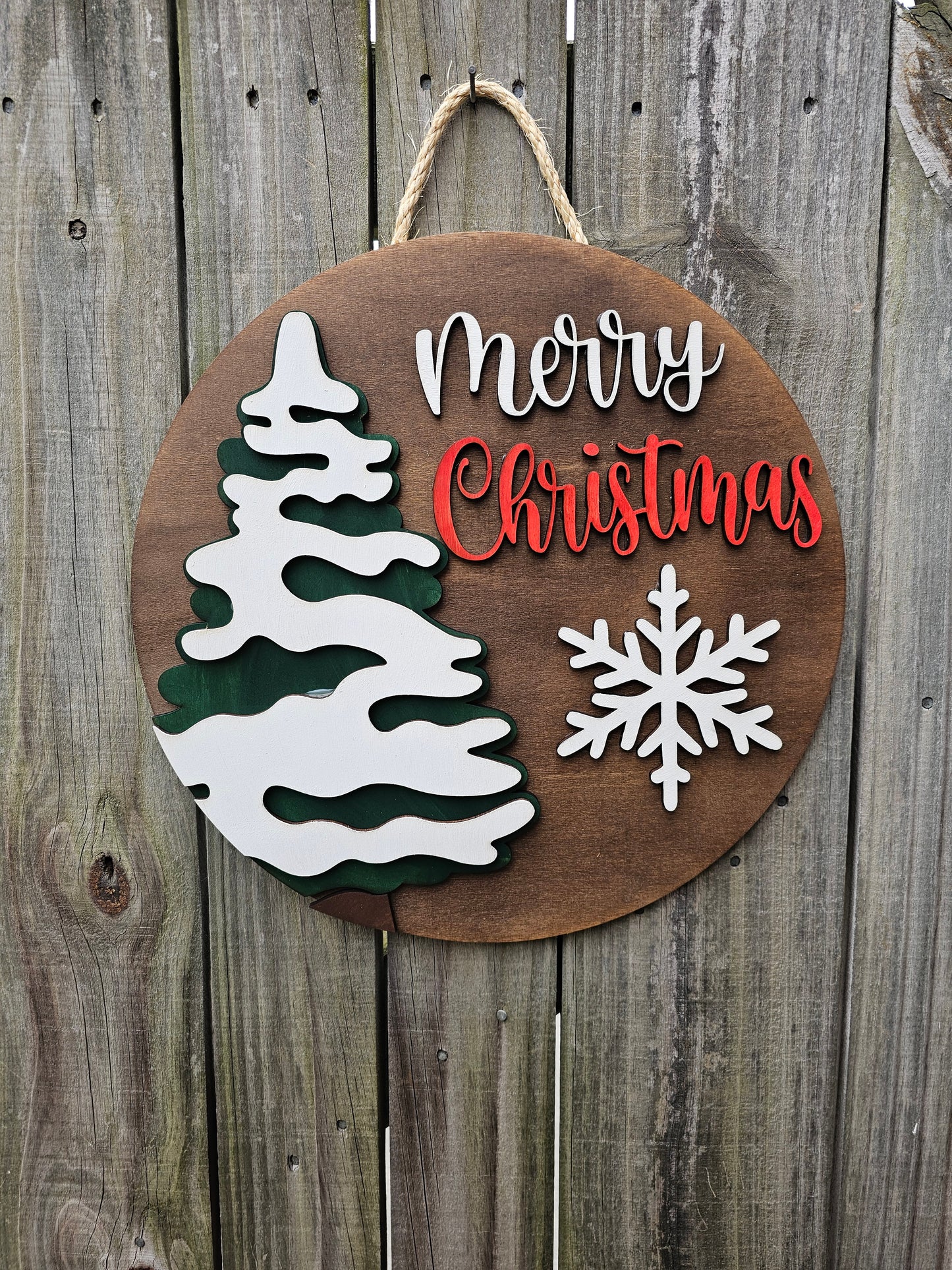 Merry Christmas Wood Door Sign with Snowy Tree