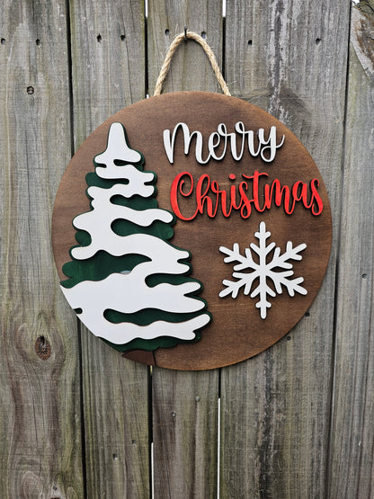 Merry Christmas Wood Door Sign with Snowy Tree