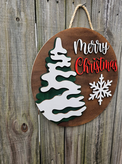 Merry Christmas Wood Door Sign with Snowy Tree