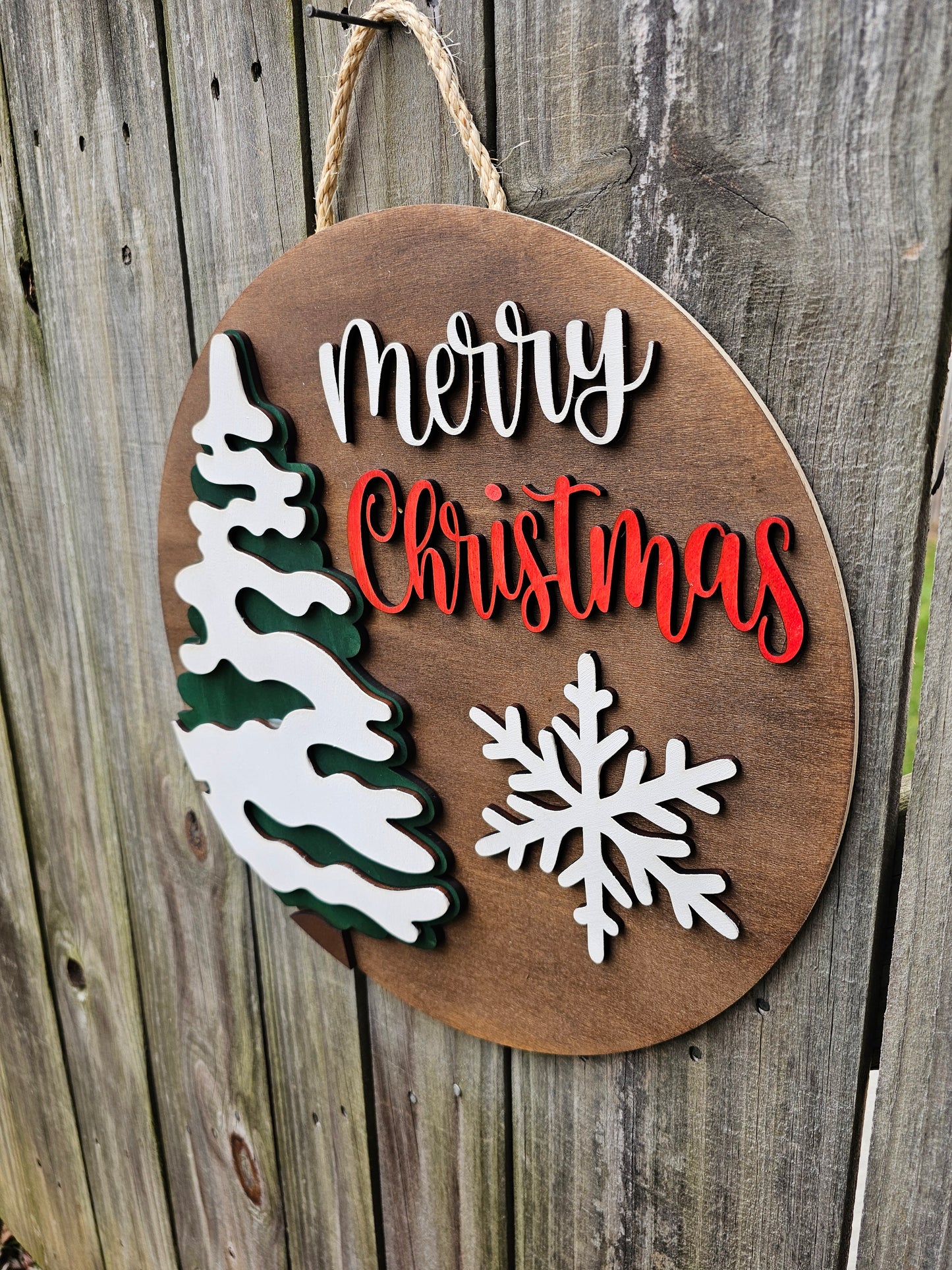 Merry Christmas Wood Door Sign with Snowy Tree