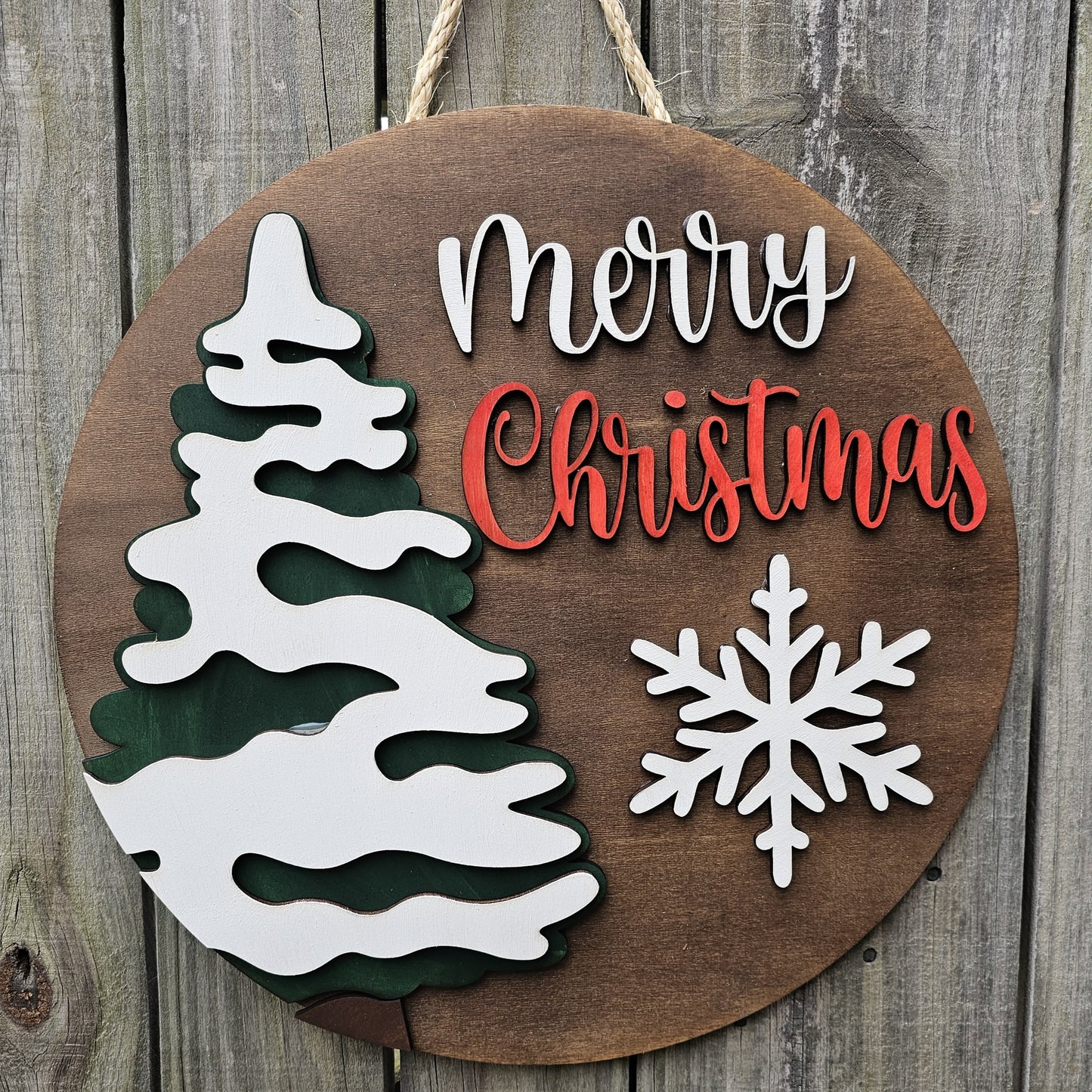 Merry Christmas Wood Door Sign with Snowy Tree