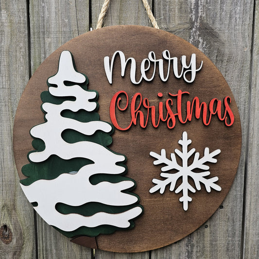 Merry Christmas Wood Door Sign with Snowy Tree