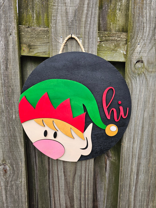 Christmas Elf Hi Wooden Door Hanging Sign