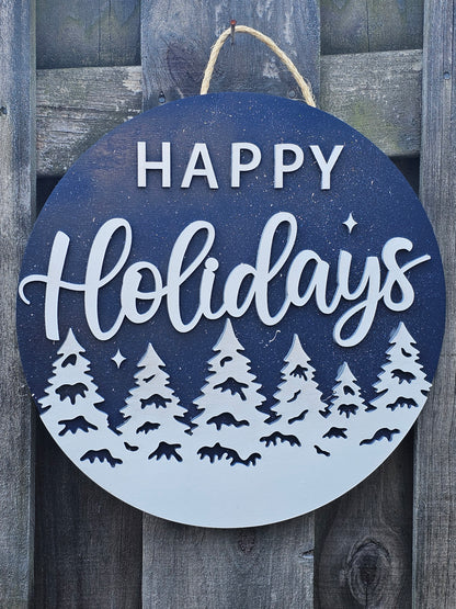 Happy Holidays Blue Wood Door Sign
