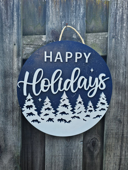 Happy Holidays Blue Wood Door Sign