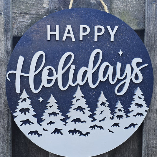 Happy Holidays Blue Wood Door Sign