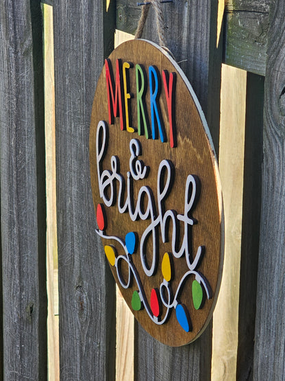 Merry & Bright Wooden Door Hanging Sign