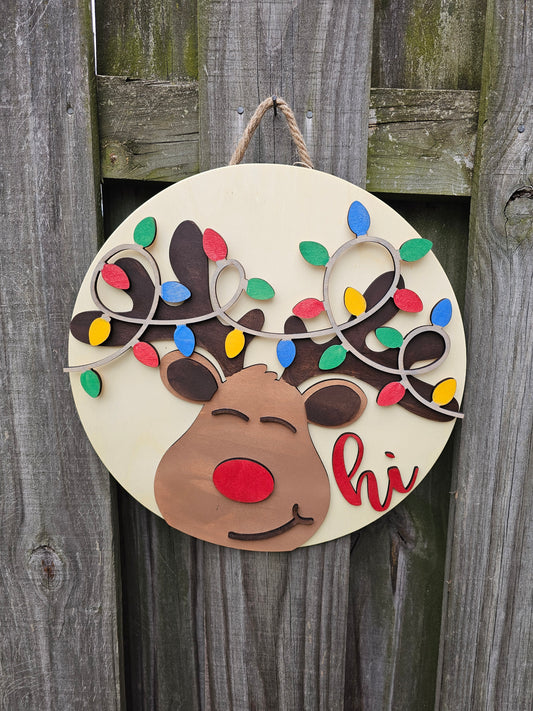 Reindeer Hi Wooden Door Hanging Sign