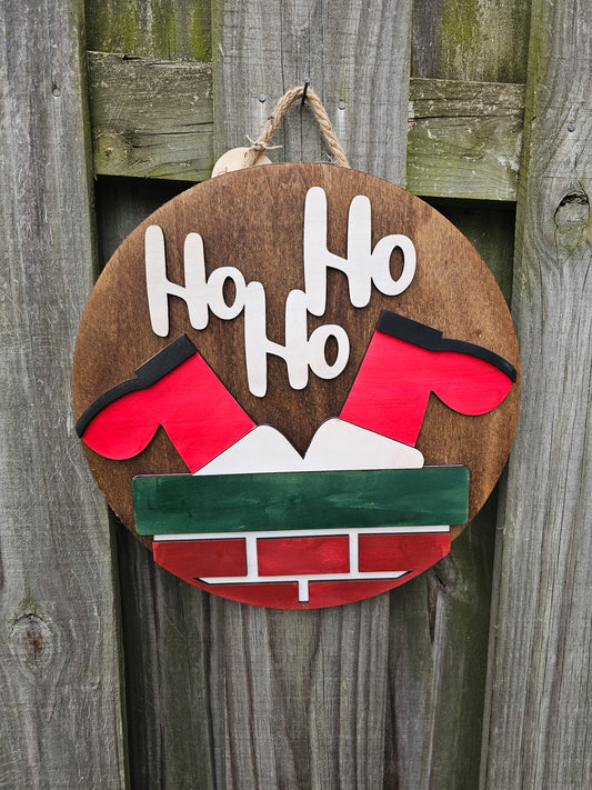 Ho, Ho, Ho Santa Chimney Wooden Door Hanging Sign