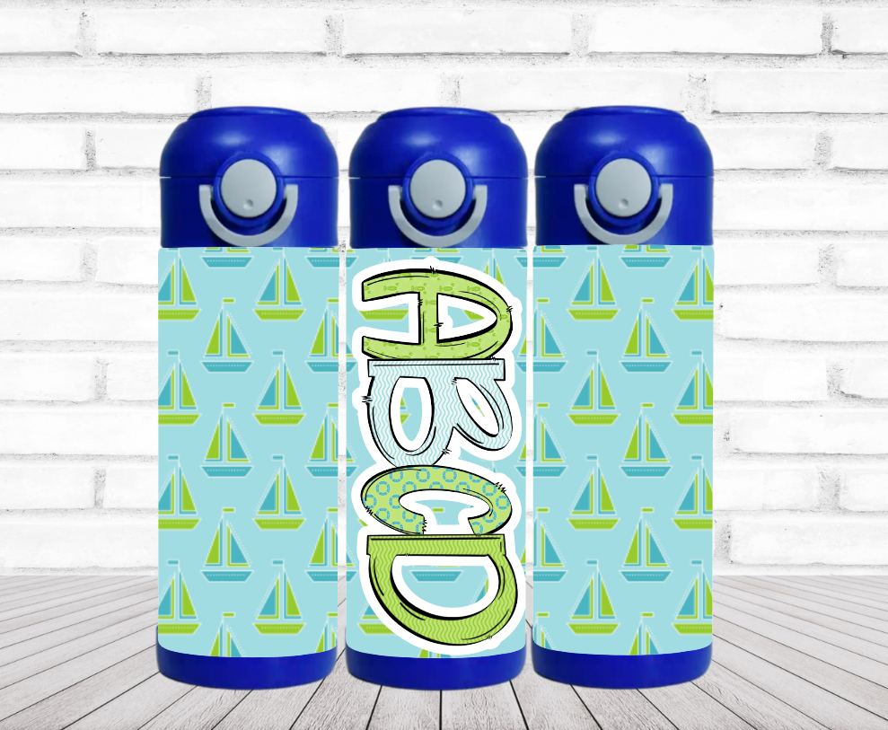 Green & Blue Sailboats Flip Top Water Bottle - Personalized
