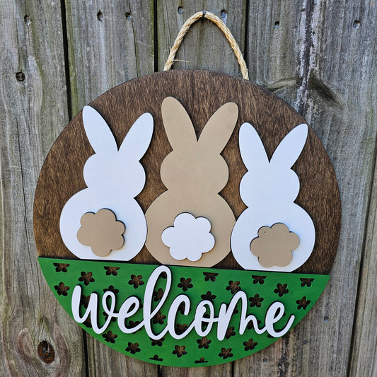 Welcome Spring Bunny Wooden Door Hanging Sign