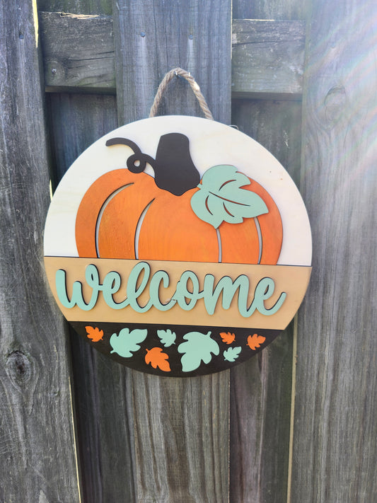 Welcome Pumpkin Fall Wooden Door Hanging Sign