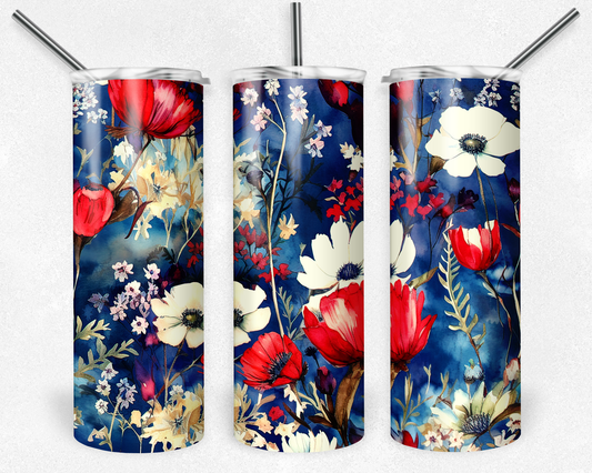 Red, White and Blue Floral 20 oz Skinny Tumbler