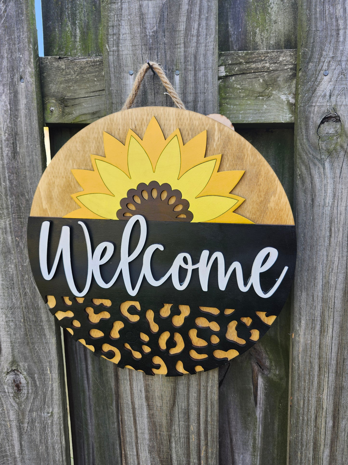 Cheetah Sunflower Welcome Wooden Door Hanging Sign