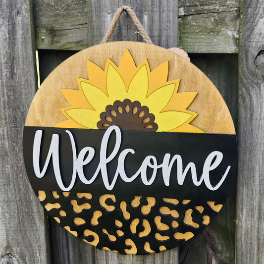Cheetah Sunflower Welcome Wooden Door Hanging Sign