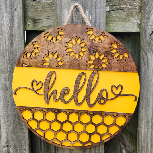 Hello Sunflower Wooden Door Hanging Sign