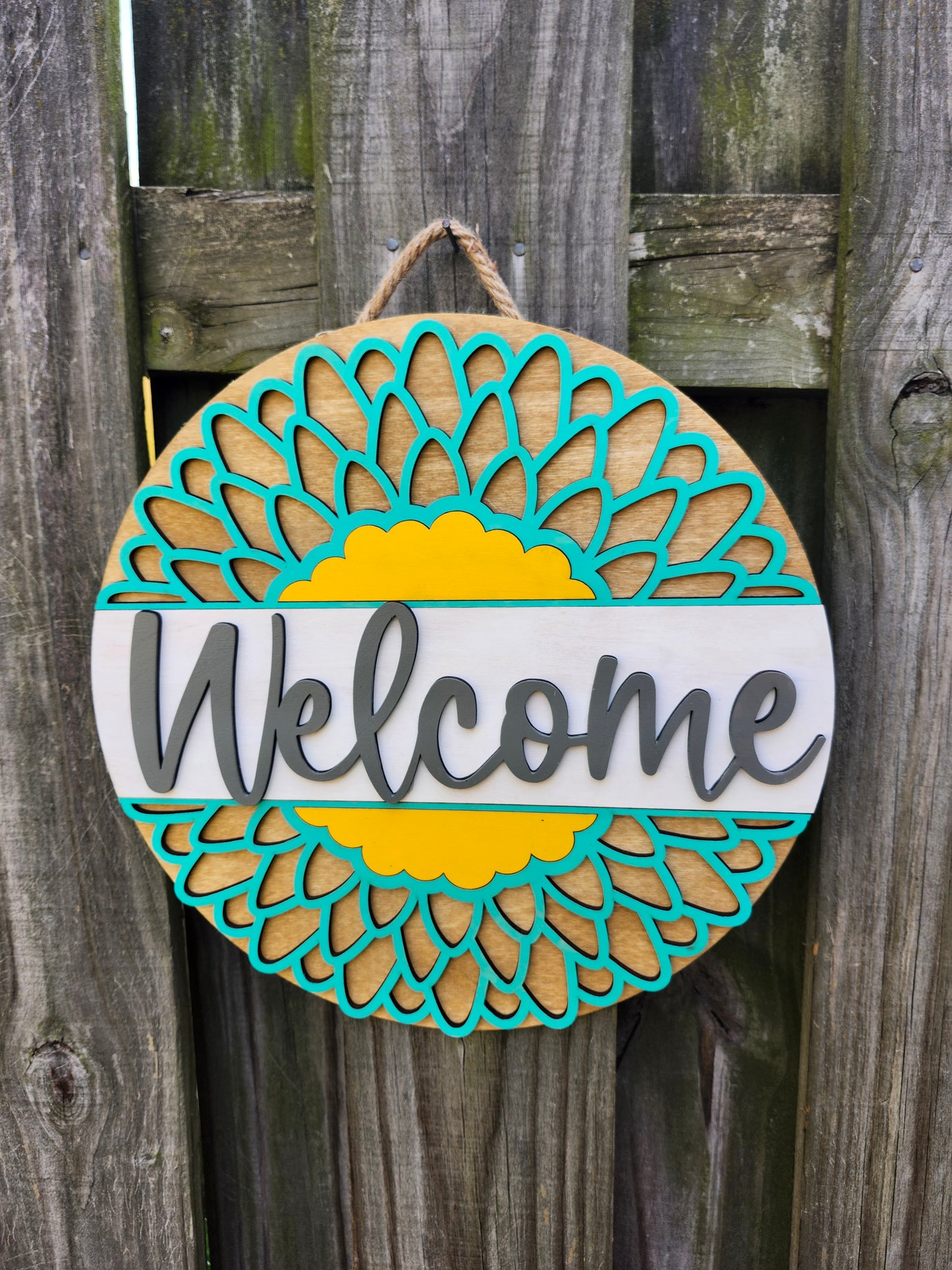 Welcome Teal Flower Door Sign
