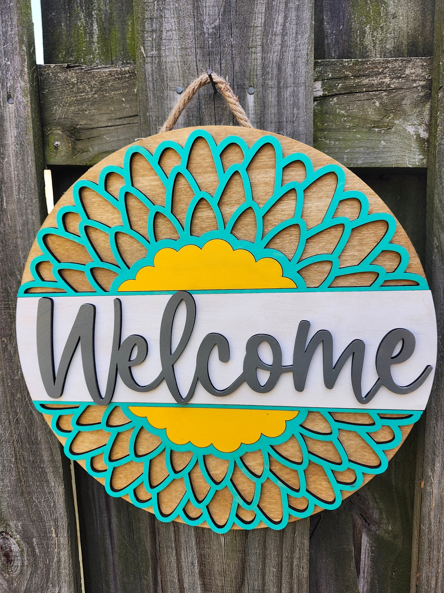 Welcome Teal Flower Door Sign
